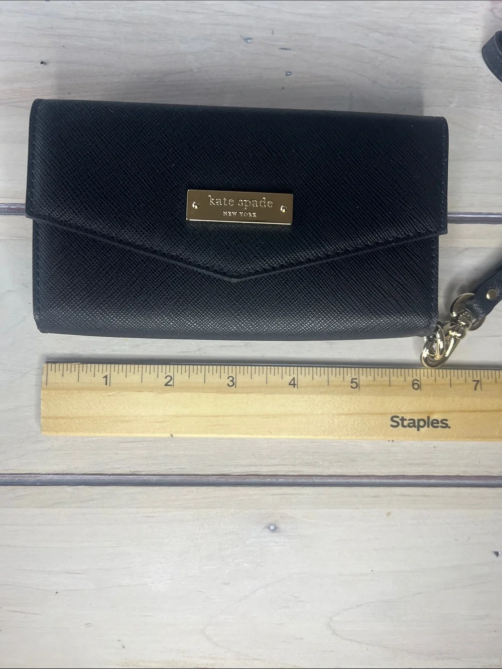 kate spade Black Saffiano Wristlet Clutch with Gold Plaque